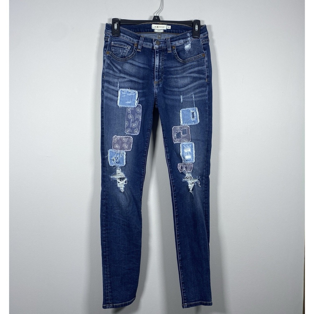 MM Vintage Skinny Jeans Women's 28 Blue Patchwork Distressed Paisley Slim Denim
